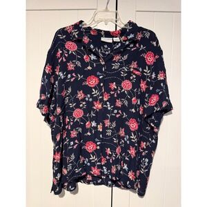 Jaclyn Smith Womens Navy Floral‎ Print Short Sleeve Collared Button Up Shirt XL